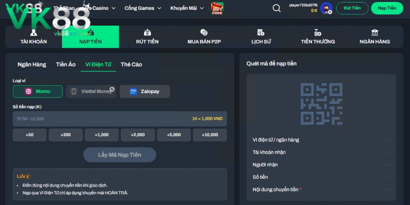 Cách nạp tiền VK88 đơn giản cho người mới